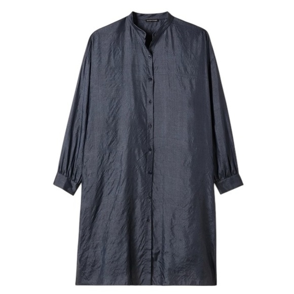 Eileen Fisher Washed Silk Tussah Mandarin Collar Navy Blue Shirtdress - Size XS - Picture 1 of 9